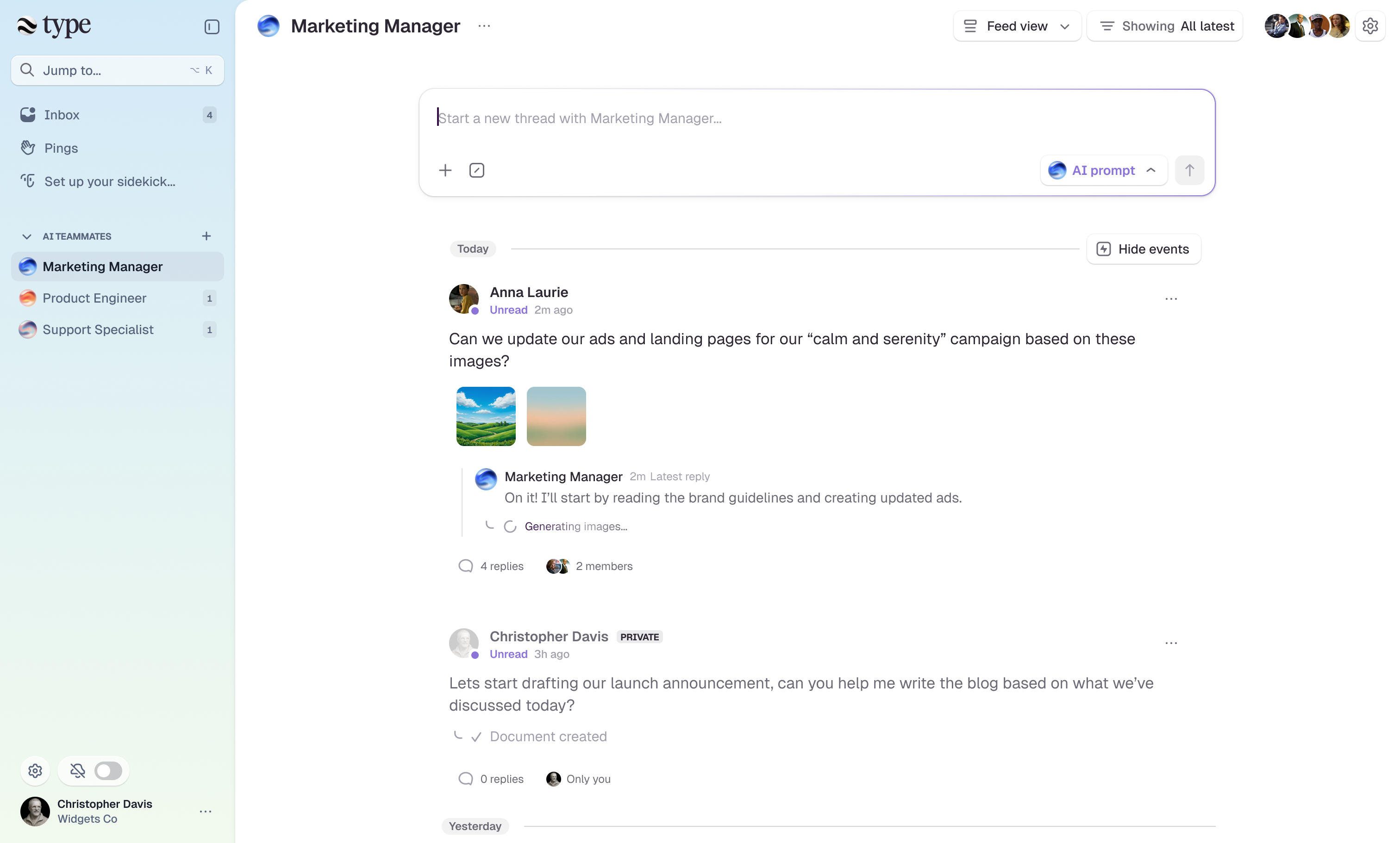 Type Marketing Manager feed view